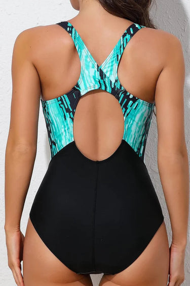 Women's Blue Printed Athletic Competitive One-Piece Swimsuit